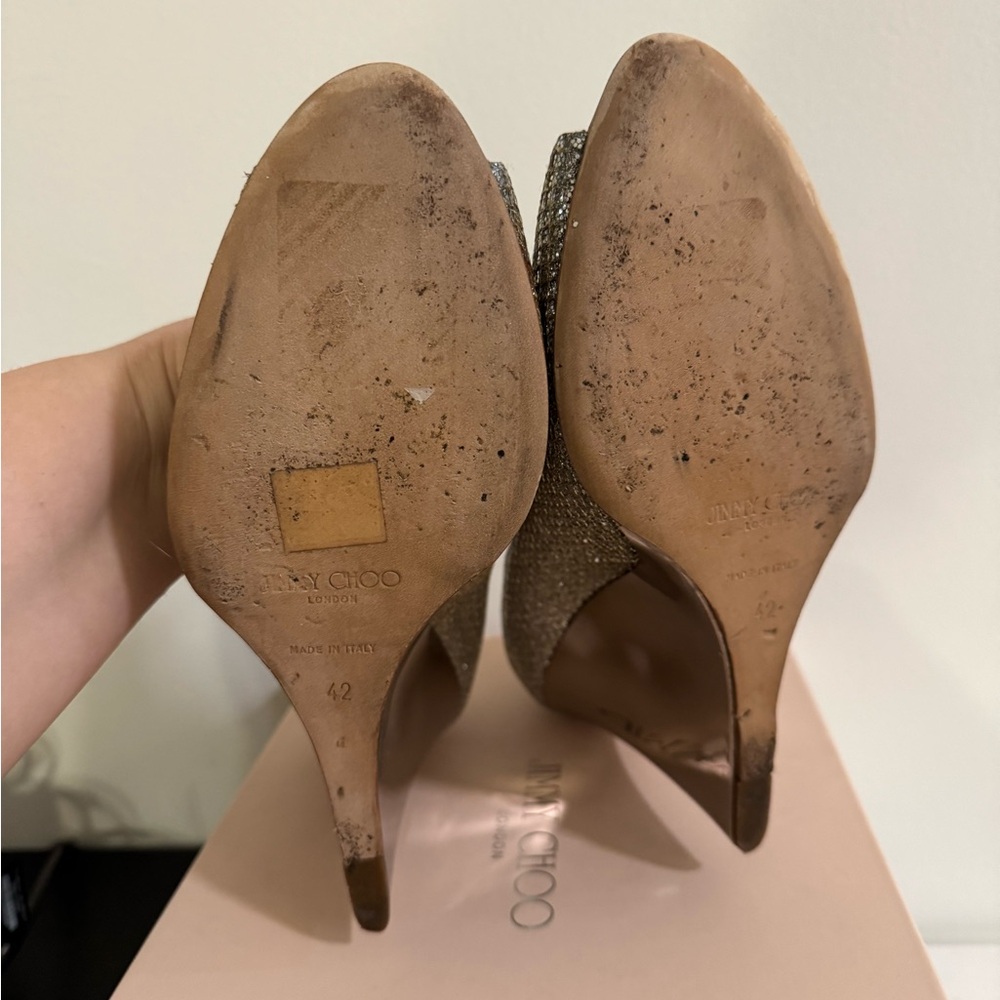 Jimmy Choo Champagne Glitter Peep-Toe Heels - Picture 10 of 12